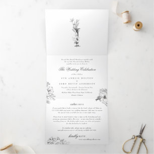 'I' Monogram Beautiful Sketched Floral Wedding Tri-Fold Invitation