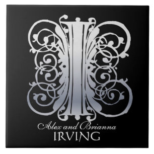 I Monogram "Silver Lace on Black" with Names Tile