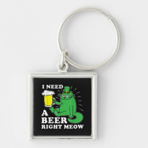 I Need A Beer Right Meow St. Patricks Day Cat Pun Keychain