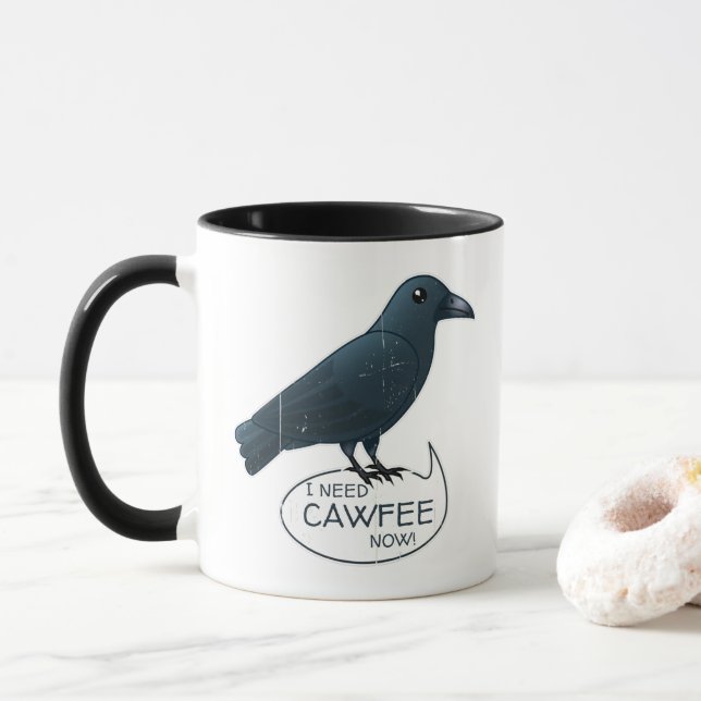 "I Need Cawfee Now" Cute Caffeinated Crow Mug (With Donut)