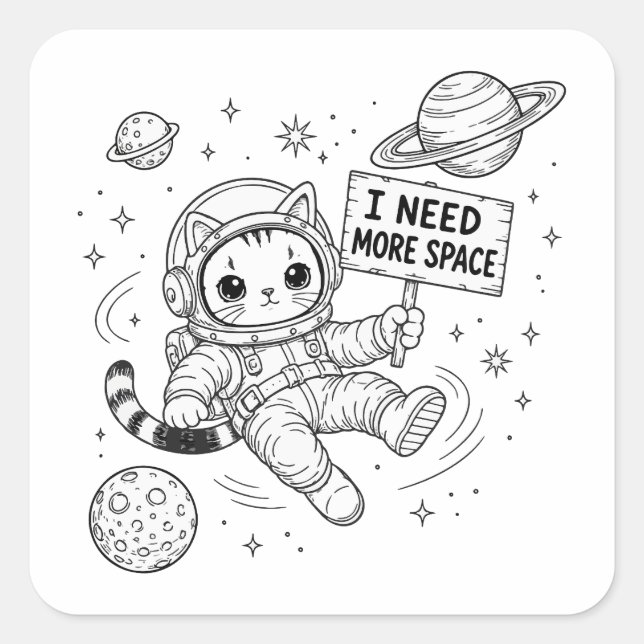 I Need More Space Funny Cat Astronaut Square Sticker (Front)