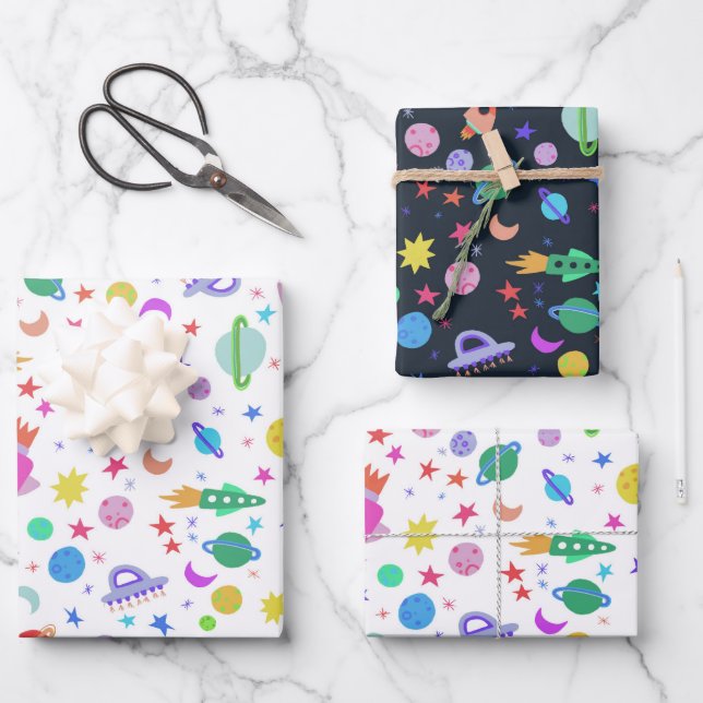I Need Some Space UFO Rocket Planet Pattern Cute Wrapping Paper Sheet (Front)