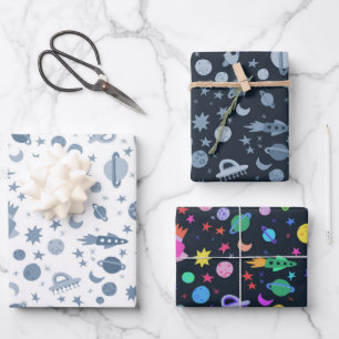 I Need Some Space UFO Rocket Planet Pattern Cute Wrapping Paper Sheet