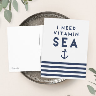 I Need Vitamin Sea Navy and White Nautical Stripe Postcard