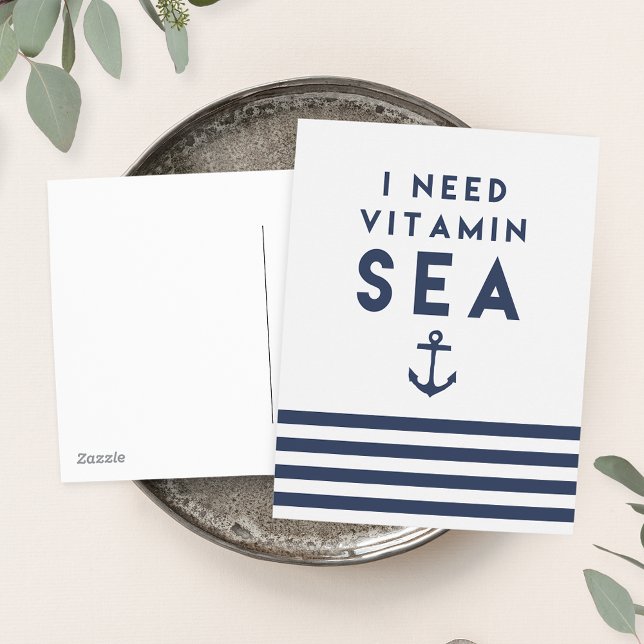 I Need Vitamin Sea Navy and White Nautical Stripe Postcard (Creator Uploaded)