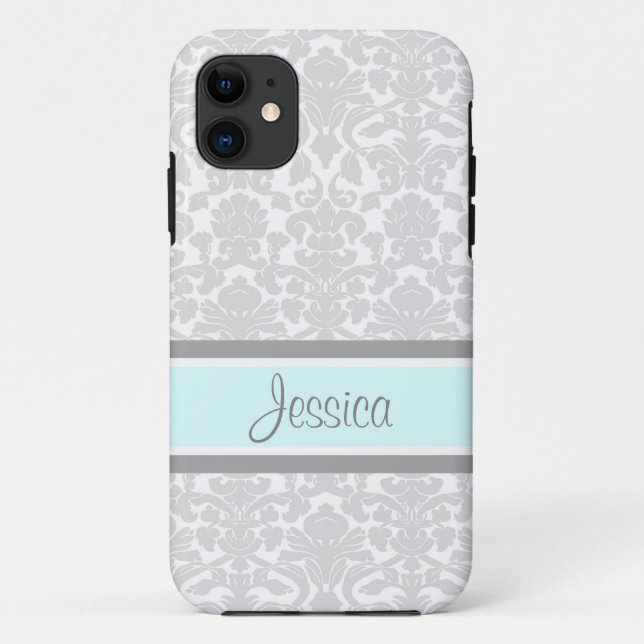 i Phone 5 Blue Grey Damask Custom Name Case-Mate iPhone Case (Back)