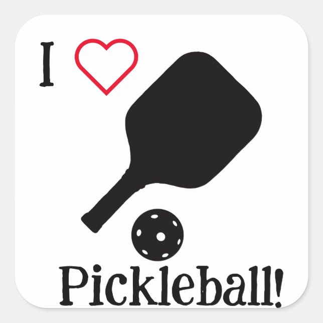 I ❤️ Pickleball in black, white, & red sticker. Square Sticker (Front)