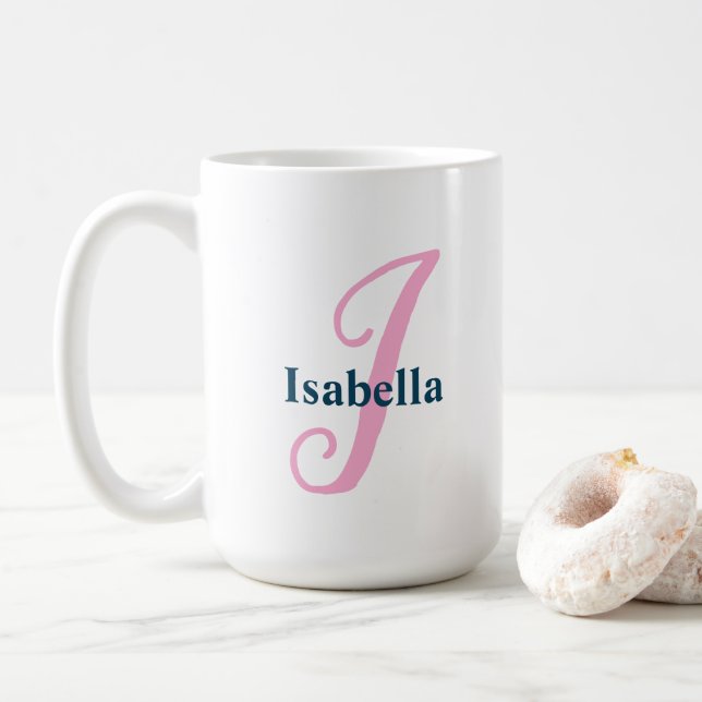 "I" Pink Fancy Script Monogram with Navy Name Coffee Mug (With Donut)