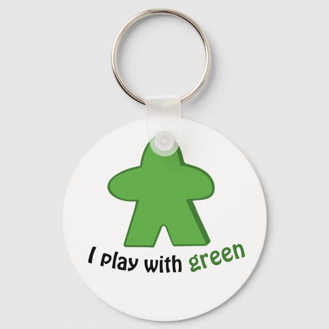 I Play with Green Meeples Keychain (Front)