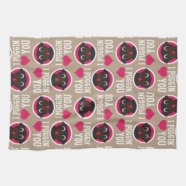 I Puggin Love You Black Pug Circles and Hearts Kitchen Towel (Horizontal)