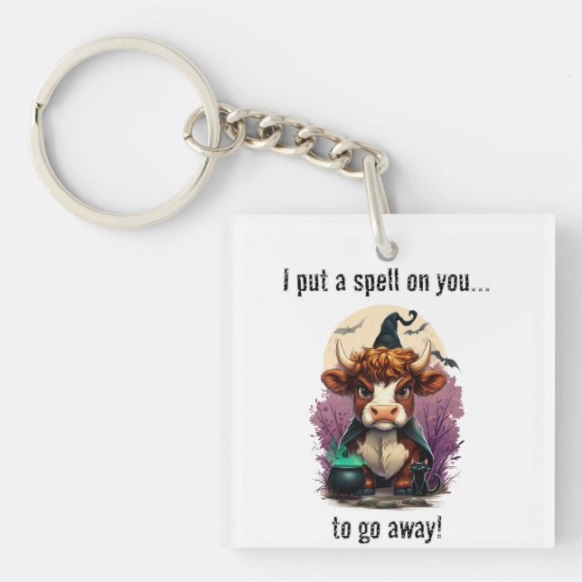 I Put A Spell On You Grumpy Highland Cow Witch Keychain (Front)
