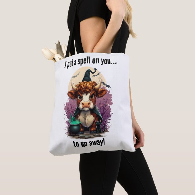 I Put A Spell On You Grumpy Highland Cow Witch Tote Bag (Close Up)