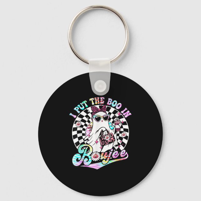 I Put The Boo In Boujee Ghost Retro Zebra Leopard  Keychain (Front)