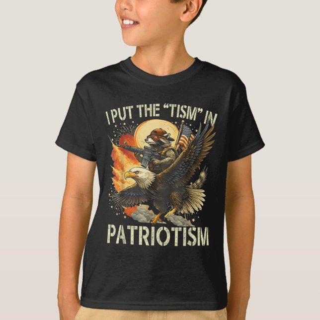 I Put The “tism” In Patriotism Retro Eagle Raccoon T-Shirt (Front)