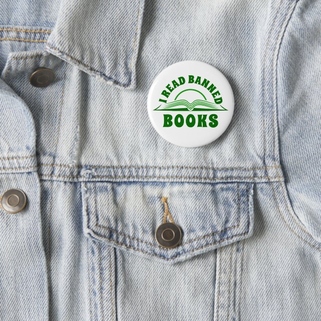 I rad banned book Green text design button (In Situ)