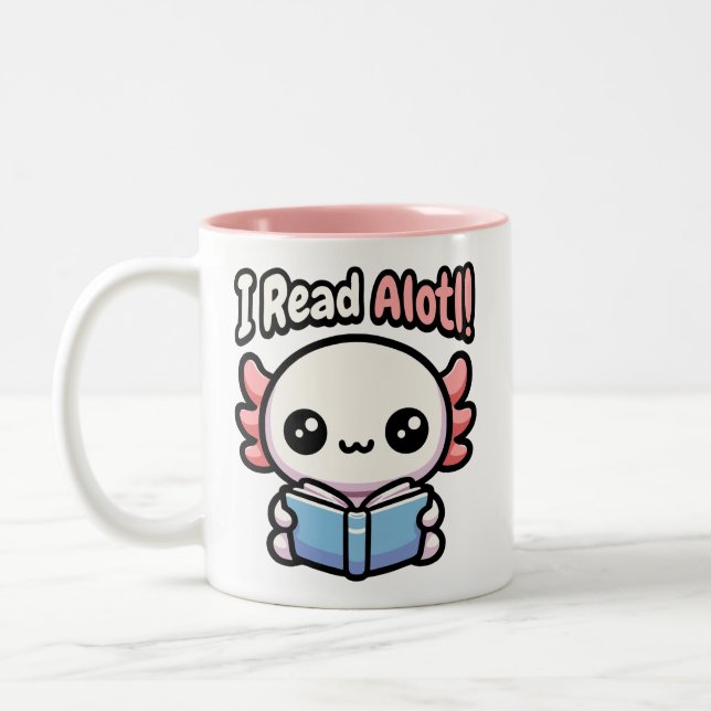 I Read Alotl! Cute Reading Axolotl Pun Two-Tone Coffee Mug (Left)
