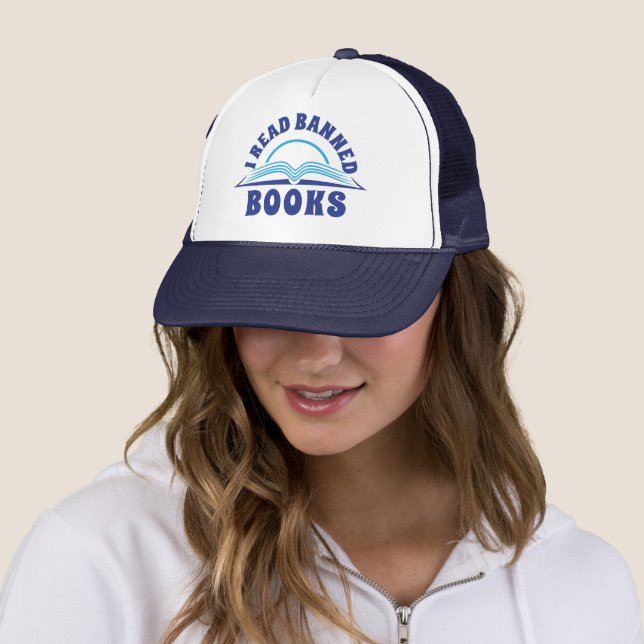 I read banned book blue text design trucker hat (In Situ)