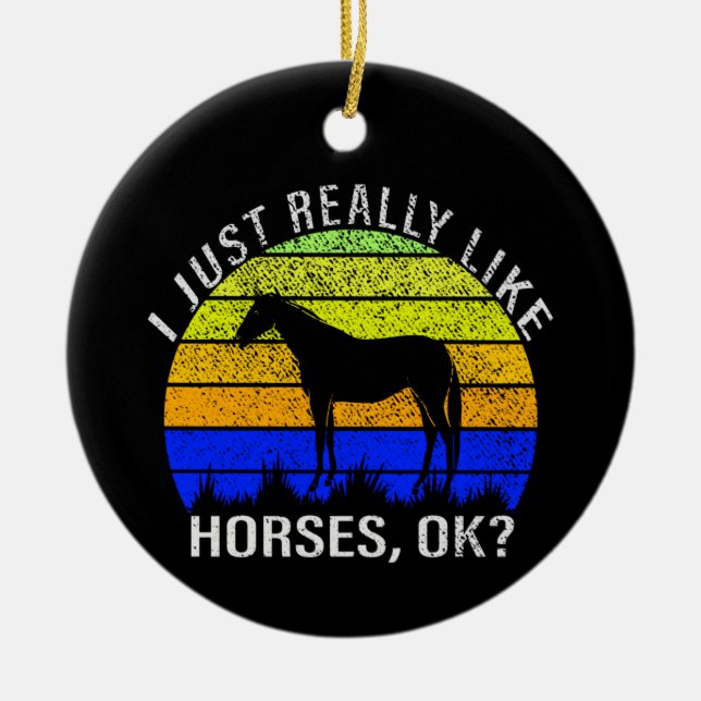 I Really Like Horses in Blue and Yellow Sunset Ceramic Ornament (Front)
