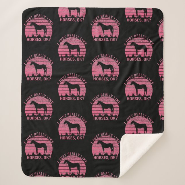 I Really Like Horses in Rose Pink   Sherpa Blanket (Front)