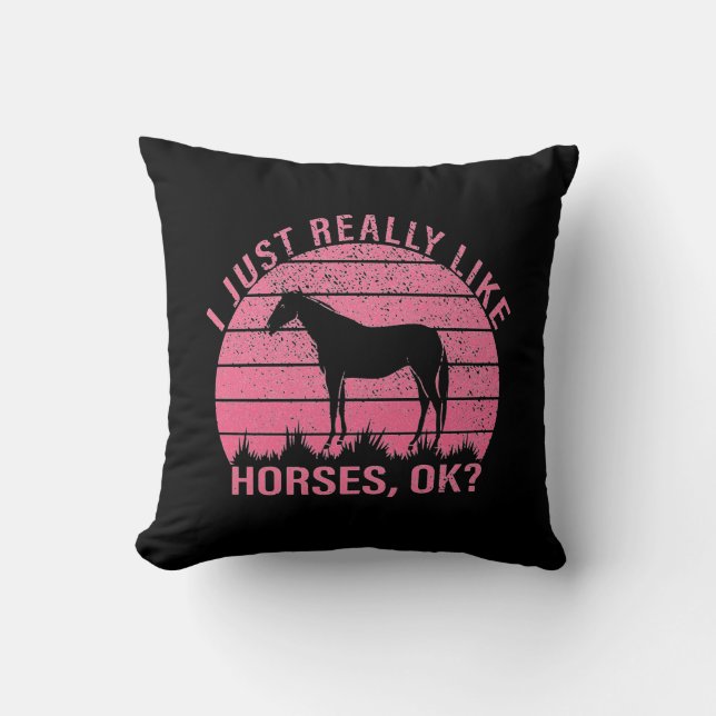 I Really Like Horses in Rose Pink   Throw Pillow (Front)