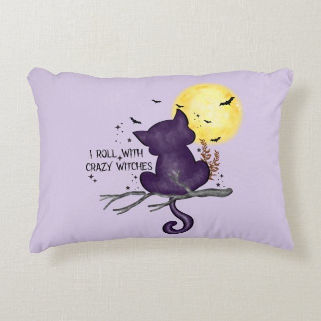 I Roll With Crazy Witches – Black Cat & Full Moon Accent Pillow (Front)