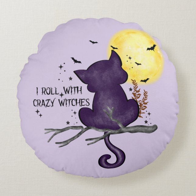 I Roll With Crazy Witches – Black Cat & Full Moon Round Pillow (Front)