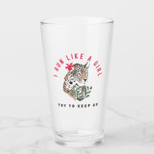 I Run Like A Girl Motivational Red Leopard Graphic Glass