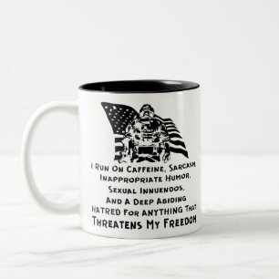 I Run On Caffeine, Sarcasm, Inappropriate Humour A Two-Tone Coffee Mug