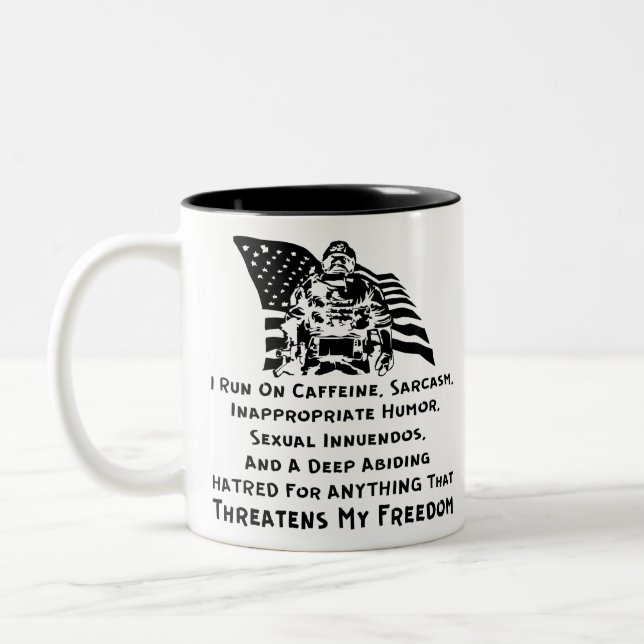 I Run On Caffeine, Sarcasm, Inappropriate Humour A Two-Tone Coffee Mug (Left)