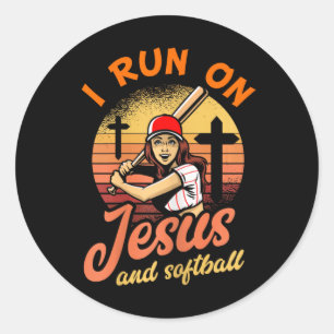 I Run On Jesus And Softball Christian Player Gift  Classic Round Sticker