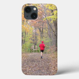 "I RUN" RUNNER WEARING RED JACKET RUNNING IN WOODS iPhone 13 CASE