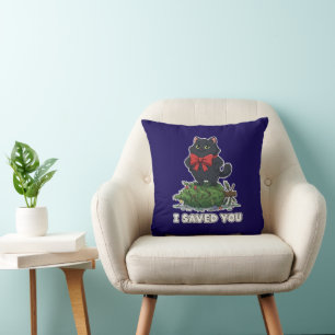 "I Saved You" Funny Black Cat Christmas Tree Throw Pillow