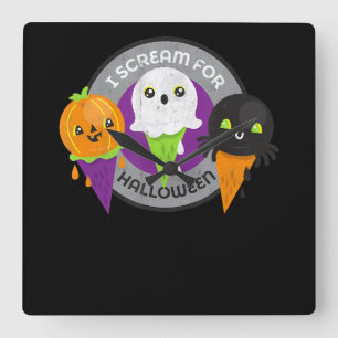 I Scream for Halloween Pumpkin Spider Ghost Square Wall Clock