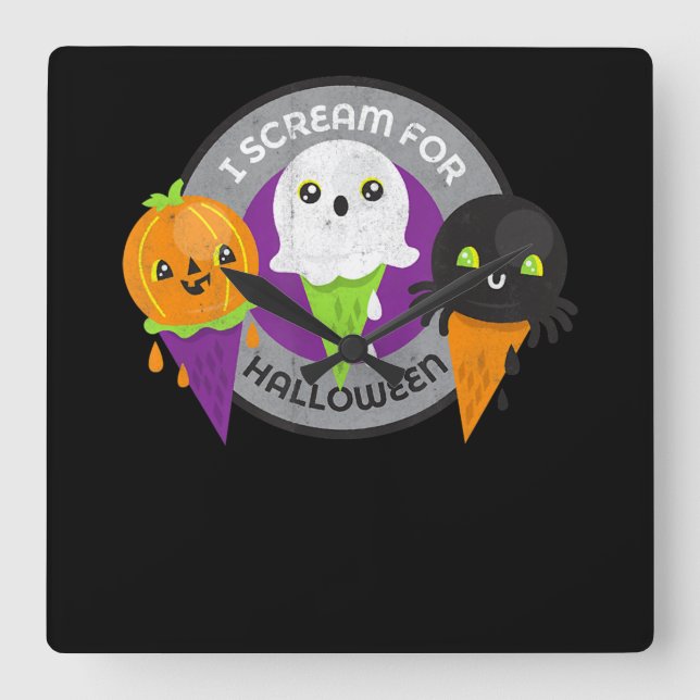 I Scream for Halloween Pumpkin Spider Ghost Square Wall Clock (Front)