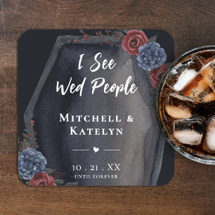 I See Wed People Coffin Floral Gothic Wedding Square Paper Coaster