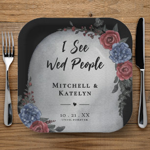 I See Wed People Headstone Floral Gothic Wedding Paper Plate