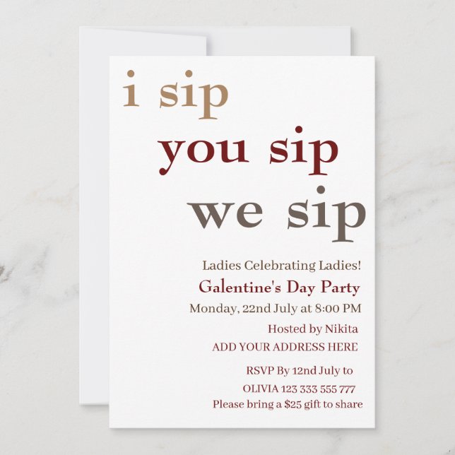 I Sip You Sip We Sip Galentine's Day Ladies Night  Invitation (Front)