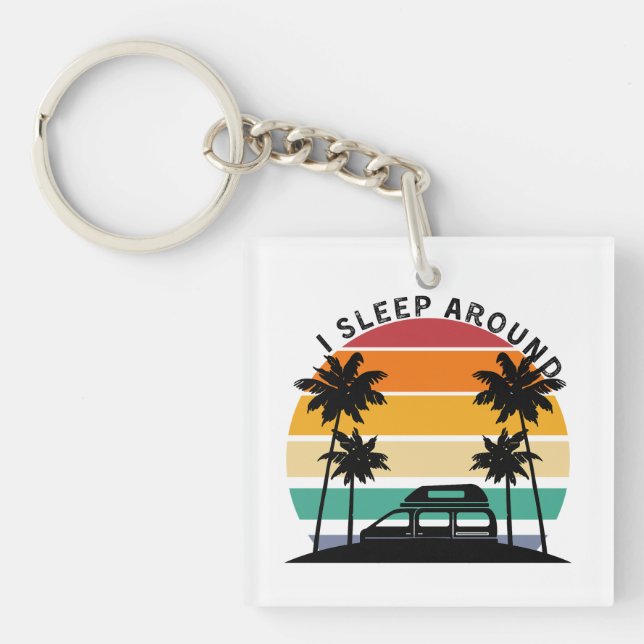 I Sleep Around Van Life Pun Vinatge Sunset travel Keychain (Front)