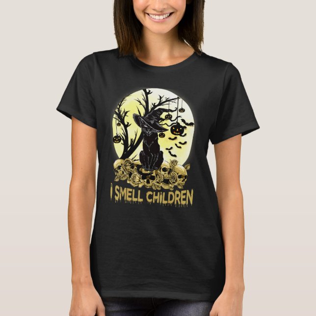 I Smell Children Halloween Costume Black Cat Witch T-Shirt (Front)