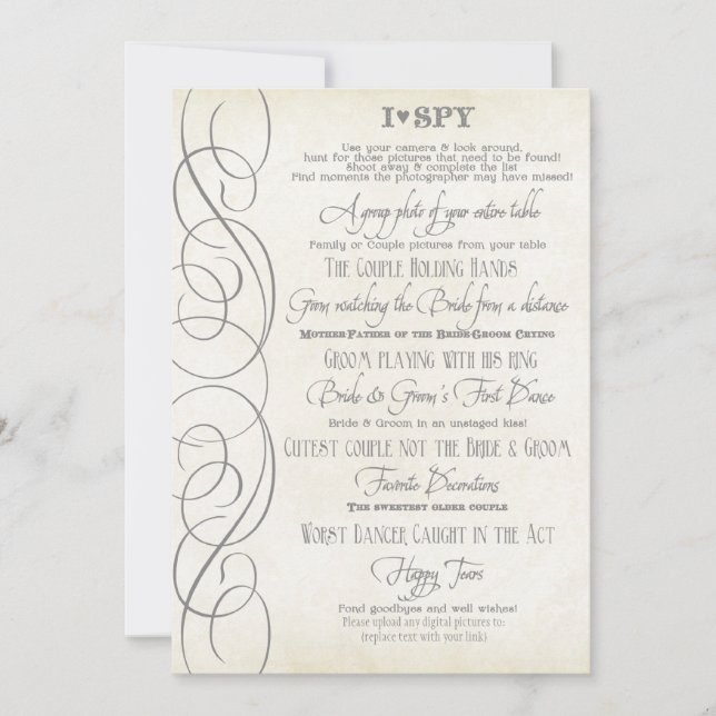 I Spy Heart Typographic Photo Reception Game Cards (Front)