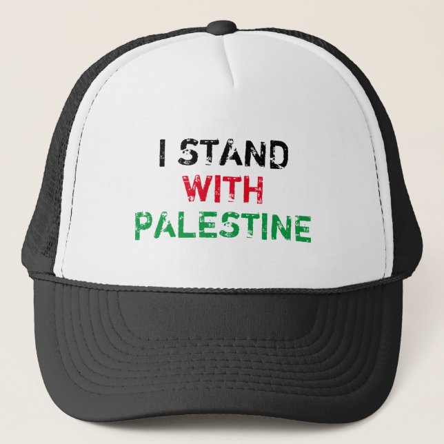 I stand with Palestine black red green grunge text Trucker Hat (Front)