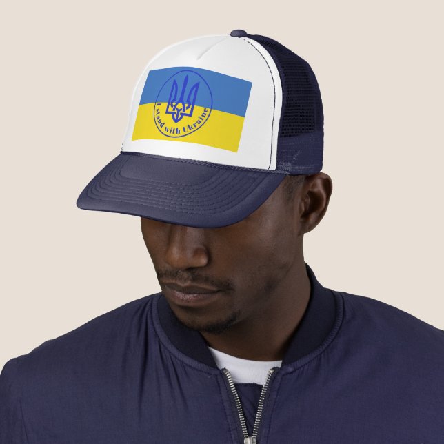 I Stand with Ukraine Blue Yellow Trident Trucker H Hat (In Situ)