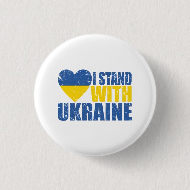 I Stand With Ukraine, Distressed Ukraine Flag 1 Inch Round Button (Front)