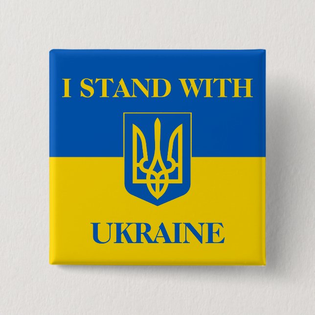 I Stand With Ukraine. Ukrainian Flag & Trident. 2 Inch Square Button (Front)