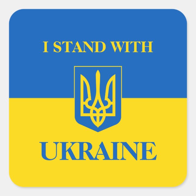 I Stand With Ukraine. Ukrainian Flag & Trident.  Square Sticker (Front)