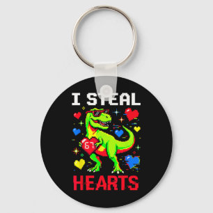 I Steal Hearts Pixel Dinosaur Gamer Valentine  Keychain