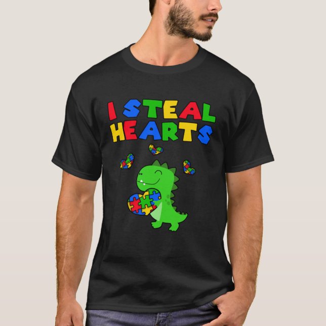 I Steal Hearts Puzzle Autism Awareness Month Rex D T-Shirt (Front)