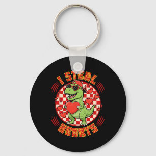 I Steal Hearts Retro Checkered Valentine Dinosaur  Keychain