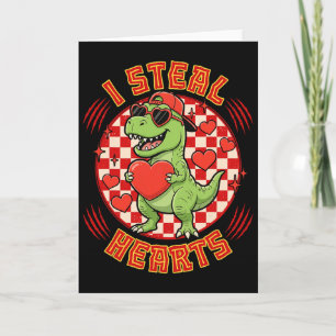 I Steal Hearts Retro Chequered Valentine Dinosaur  Card