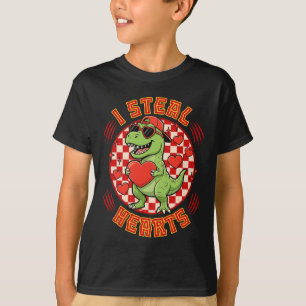 I Steal Hearts Retro Chequered Valentine Dinosaur  T-Shirt